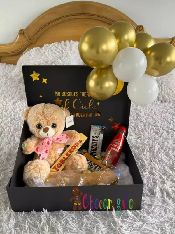 Mini ancheta con chocolates y un hermoso peluche, especial para cumpleaños con envío en Bogotá.